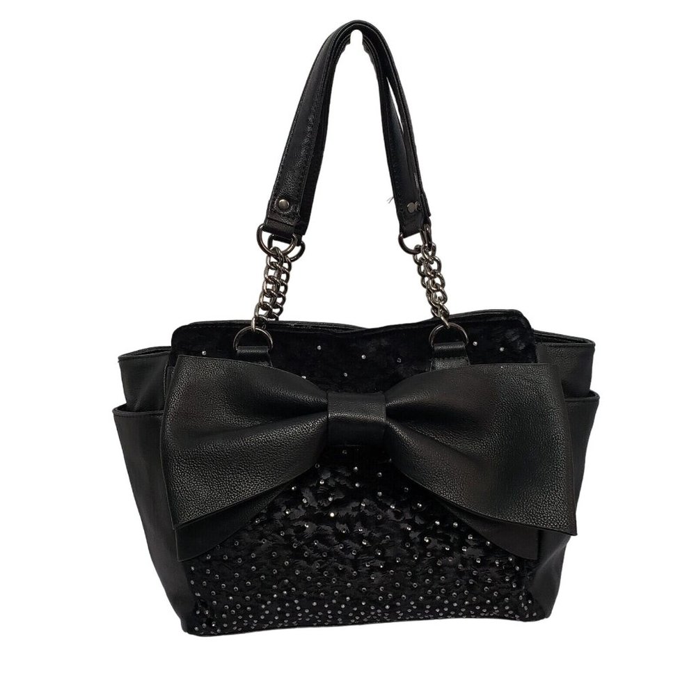 Betsey Johnson Leather Studded Bag Handbag Black Satchel Purse Big Bow Chain